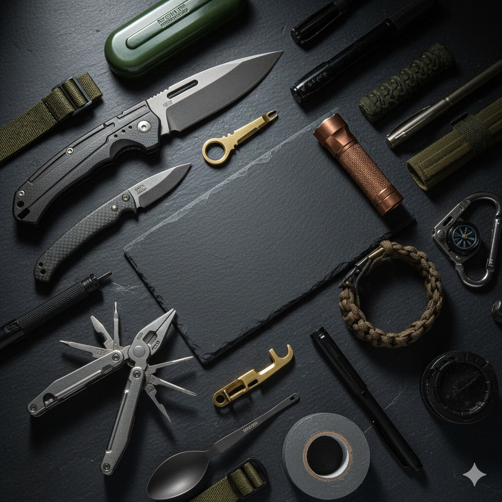Collection of tools including knives, a flashlight, and a multi-tool on a dark surface.