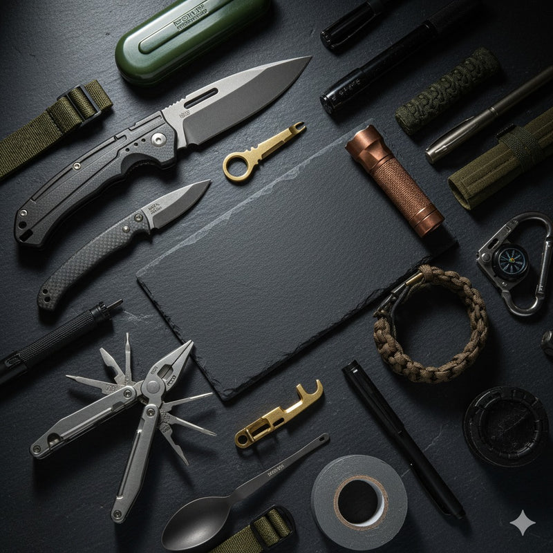 Collection of tools including knives, a flashlight, and a multi-tool on a dark surface.