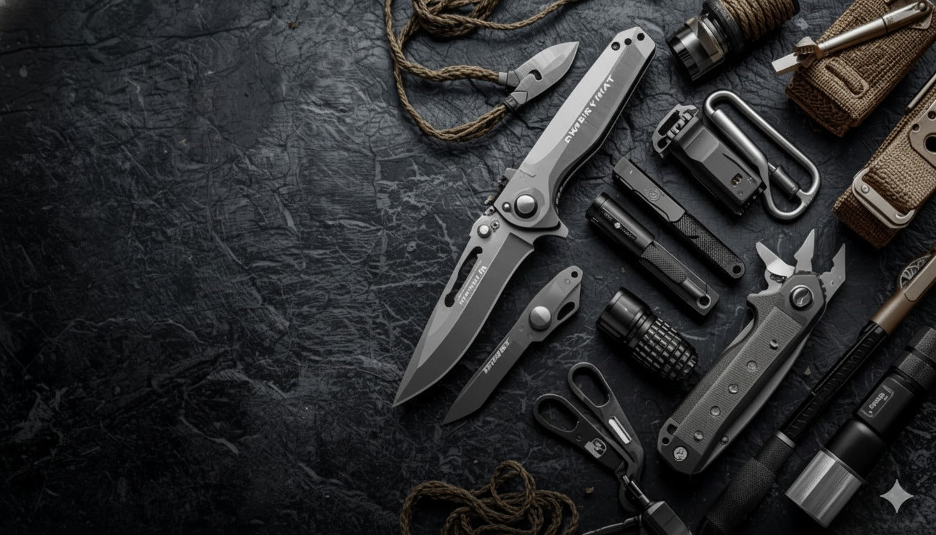 Collection of tactical knives and tools on a dark textured surface
